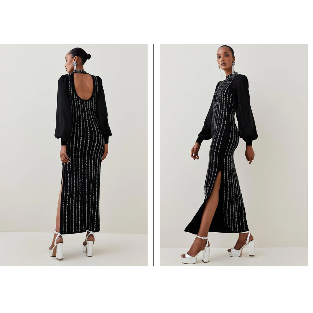 nwt Karen Millen Linear Crystal Embellished Maxi Knit Dress navy small (dr300